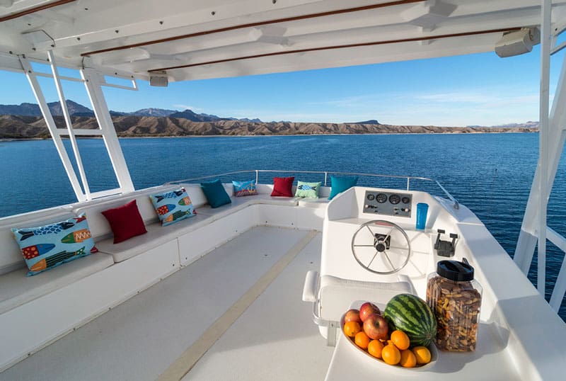 Houseboat top deck seating area steering wheel