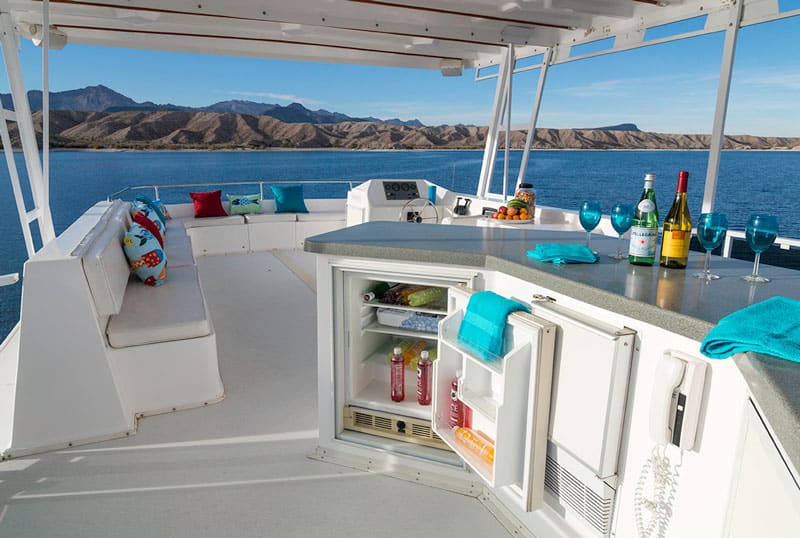 Houseboat top deck counter and seating area