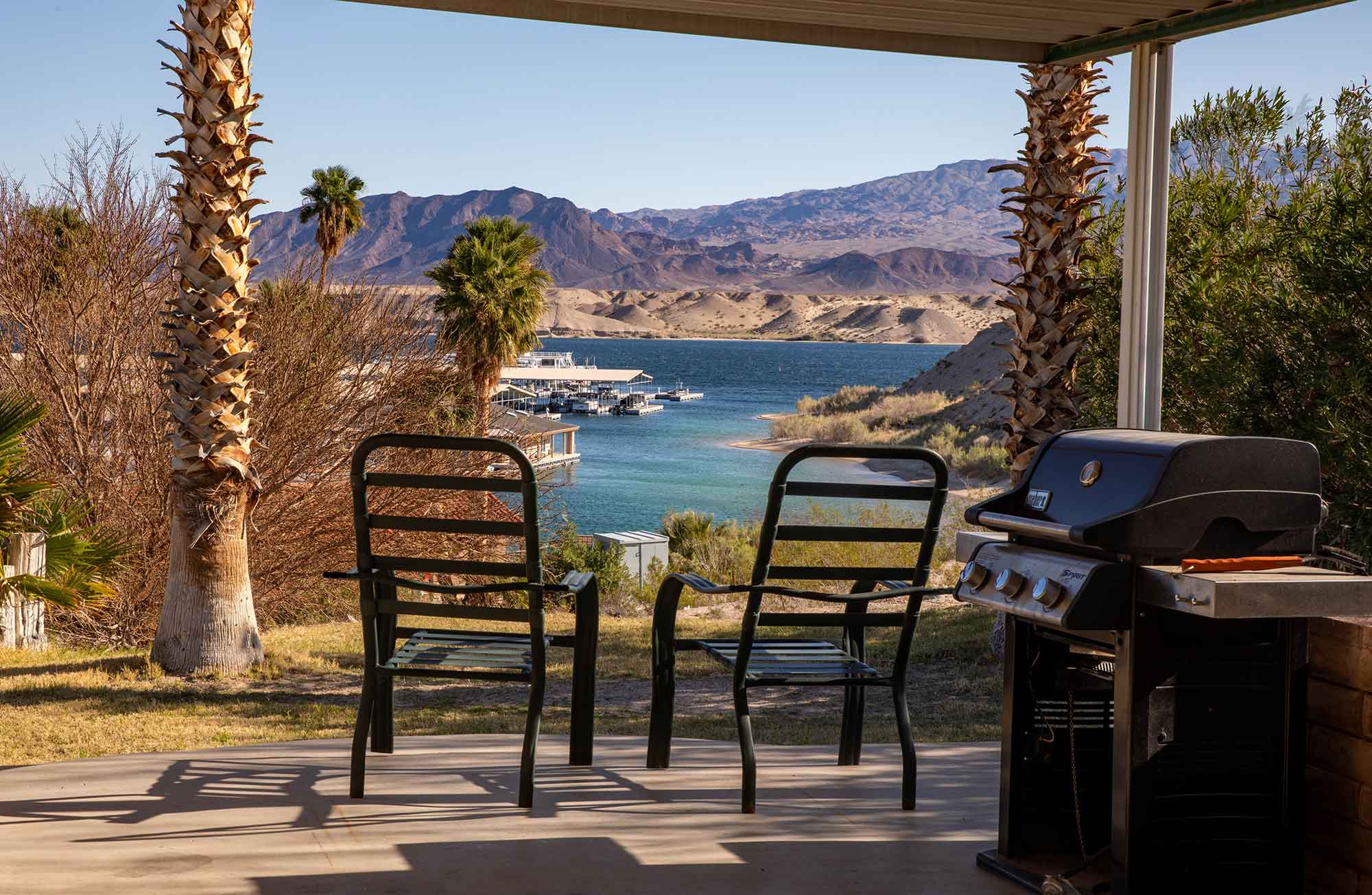 Patio seating with lake view