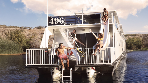 A group of people on a houseboat