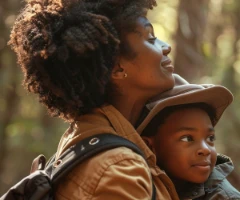 Mother and son hiking together in a forest