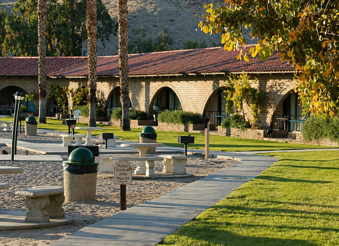 Exterior of a desert resort motel at Cottonwood Cove with stone arches and outdoor picnic areas.